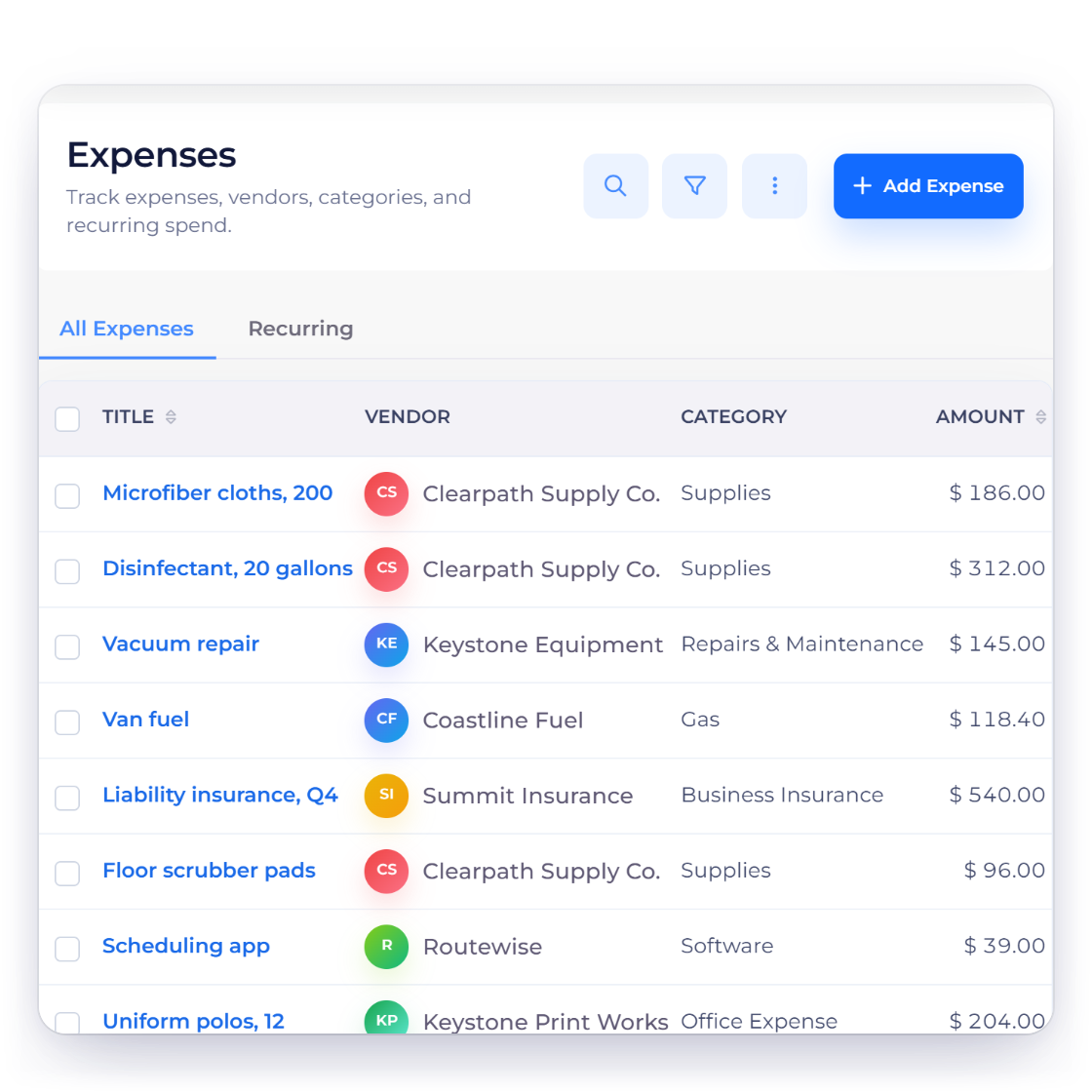 Invoice Crowd expenses list for a cleaning company with cleaning supplies, equipment repair, fuel and insurance costs by vendor and category, and a recurring monthly supplies order