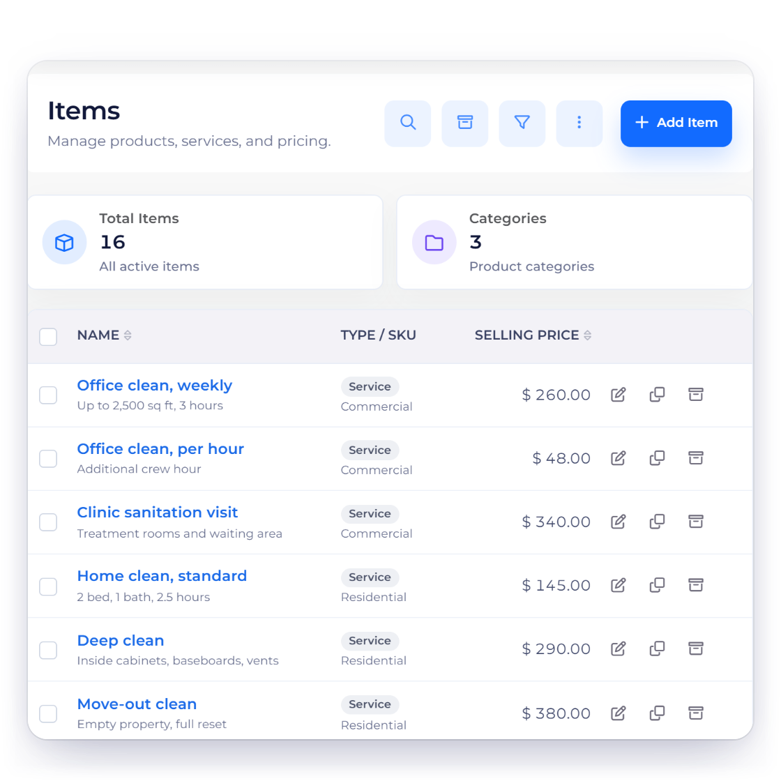 Invoice Crowd items list for a cleaning company with commercial, residential and add-on services and their prices, and an estimate built from those services with an oven clean add-on the client can remove