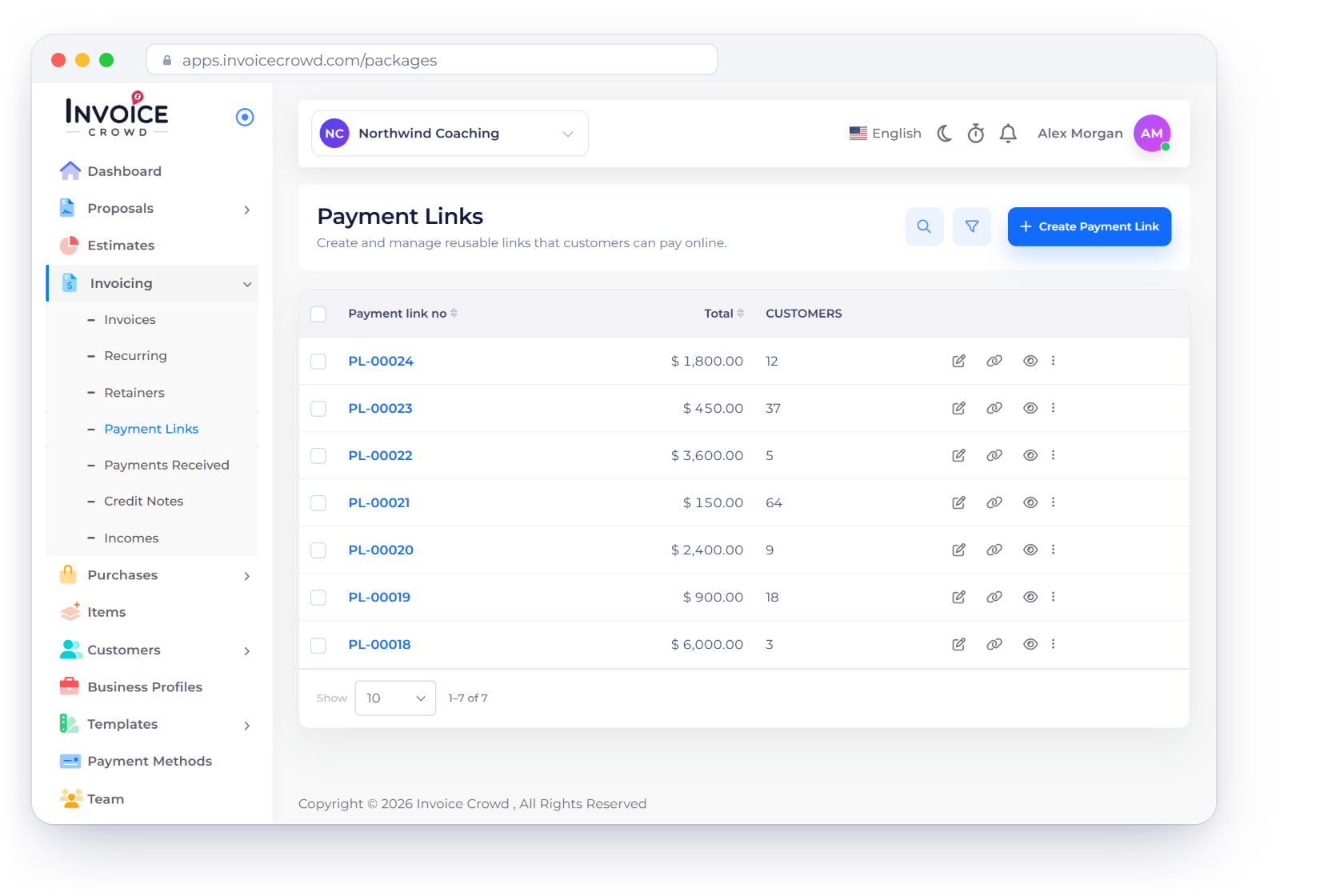 Invoice Crowd Payment Links screen for a coaching business with package links and how many clients bought each, a new client created by a purchase, the link to share and a monthly coaching recurring invoice schedule