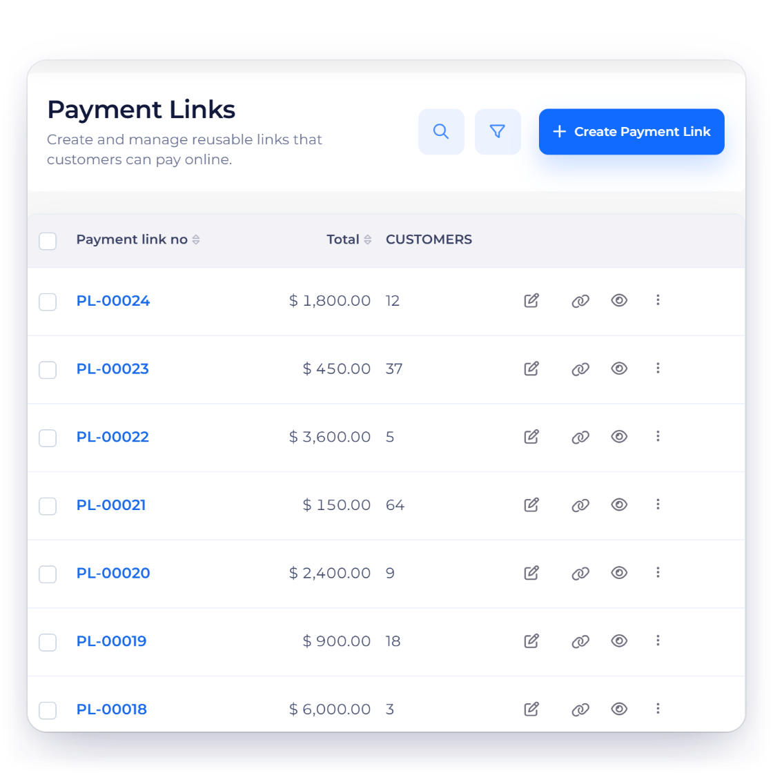 Invoice Crowd Payment Links list for a coaching business, and the checkout a client sees: email verification with a one-time code, then their details, which creates them as a customer