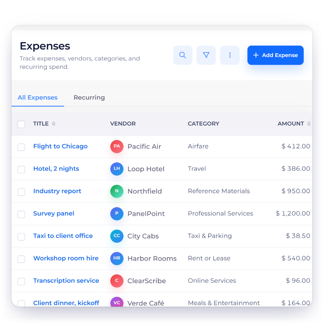Invoice Crowd expenses list for a consulting firm with travel, research, survey and workshop costs by category, and an expense tagged to a client and project with its receipt