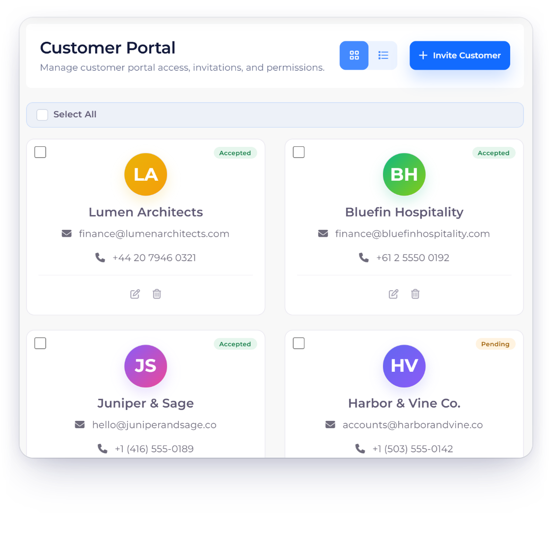 Invoice Crowd Customer Portal screen for a design studio with invited clients, and the portal view where a client finds the proposal they approved, an estimate and an invoice to pay