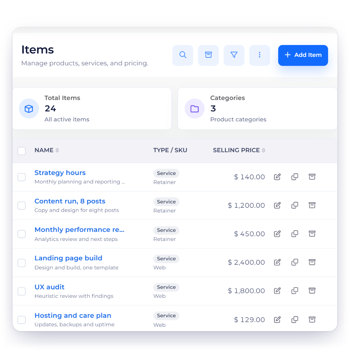 Invoice Crowd items list with agency services saved to the catalogue, the same items on a recurring invoice and the item search used to add them