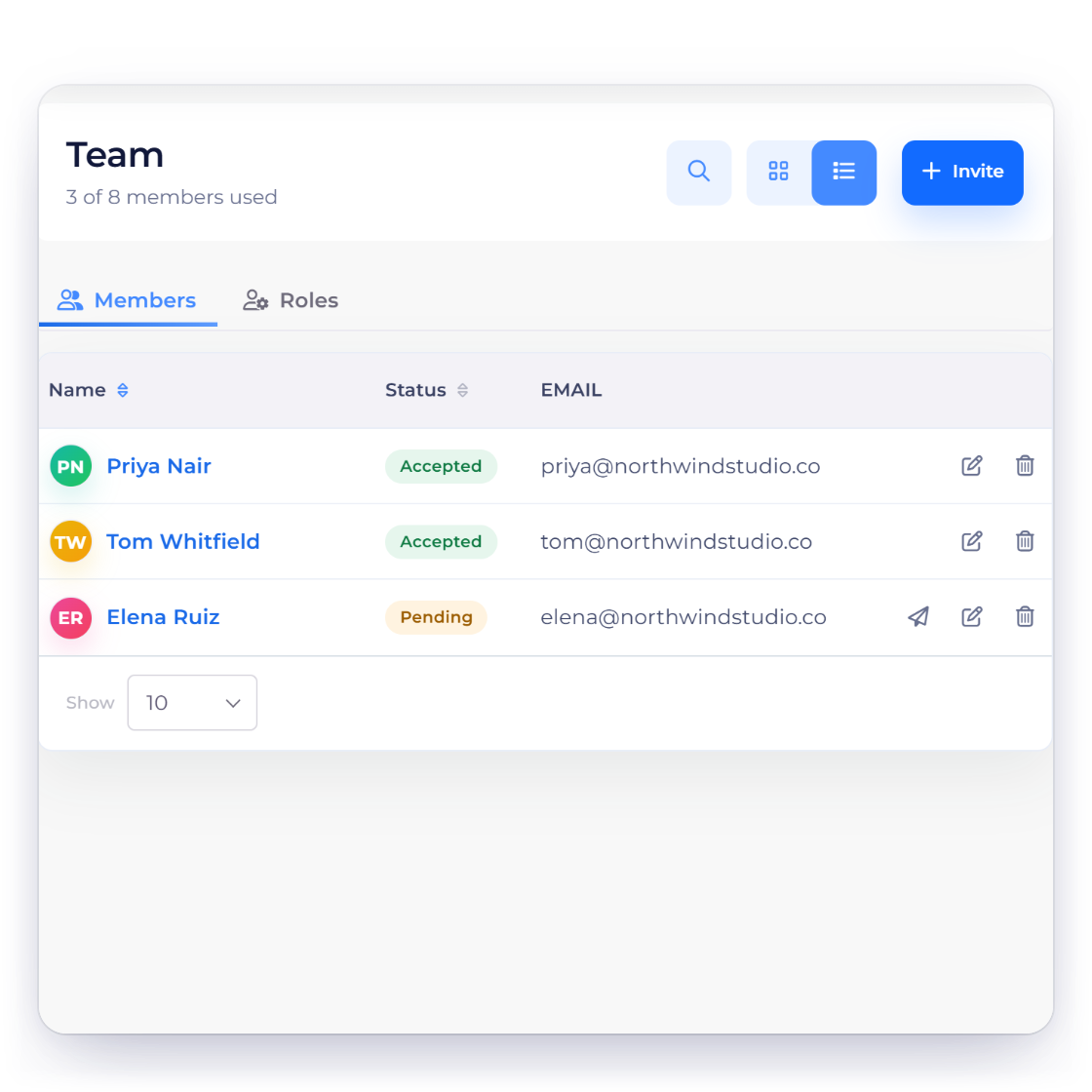 Invoice Crowd Team screen with invited agency members and their status, the invite panel with a role and module access, and the Accountant role limited to viewing and exporting