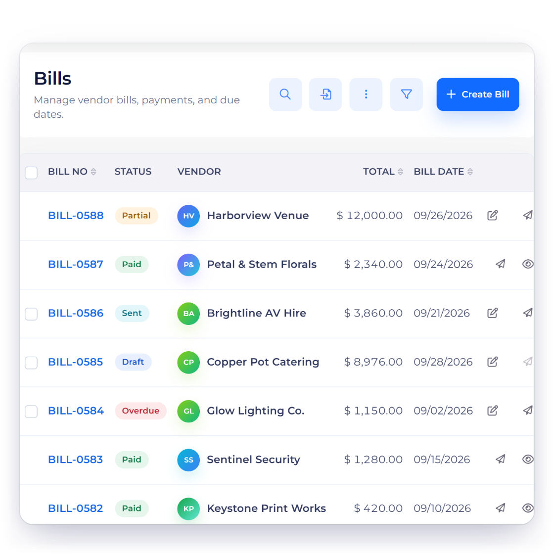 Invoice Crowd bills list for an event planner with venue, florist, AV, catering, lighting and security bills, an approved purchase order ready to convert to a bill and a vendor credit applied to a bill