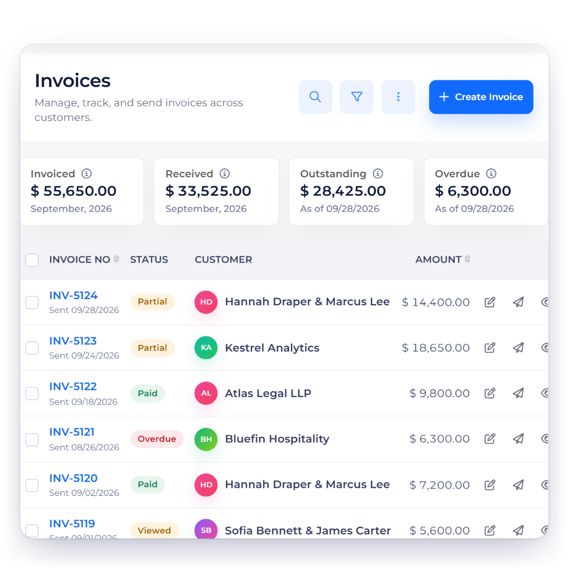 Invoice Crowd invoices list for an event planner with a wedding invoice split into a booking deposit, an interim payment and a balance, and the amount still to pay