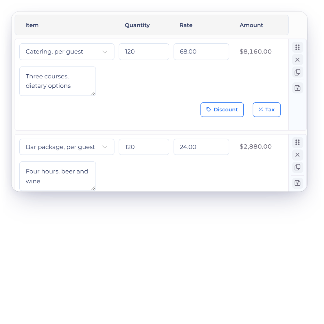 Invoice Crowd estimate editor for a corporate event priced per guest and per staff hour, with the option that lets the client change quantities and the client view where the guest count moved from 120 to 132