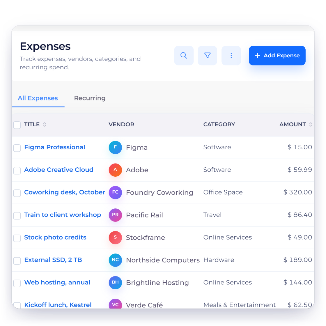 Invoice Crowd expenses list for a freelancer with software, coworking, travel and hardware costs, an expense with its receipt attached and a monthly recurring expense