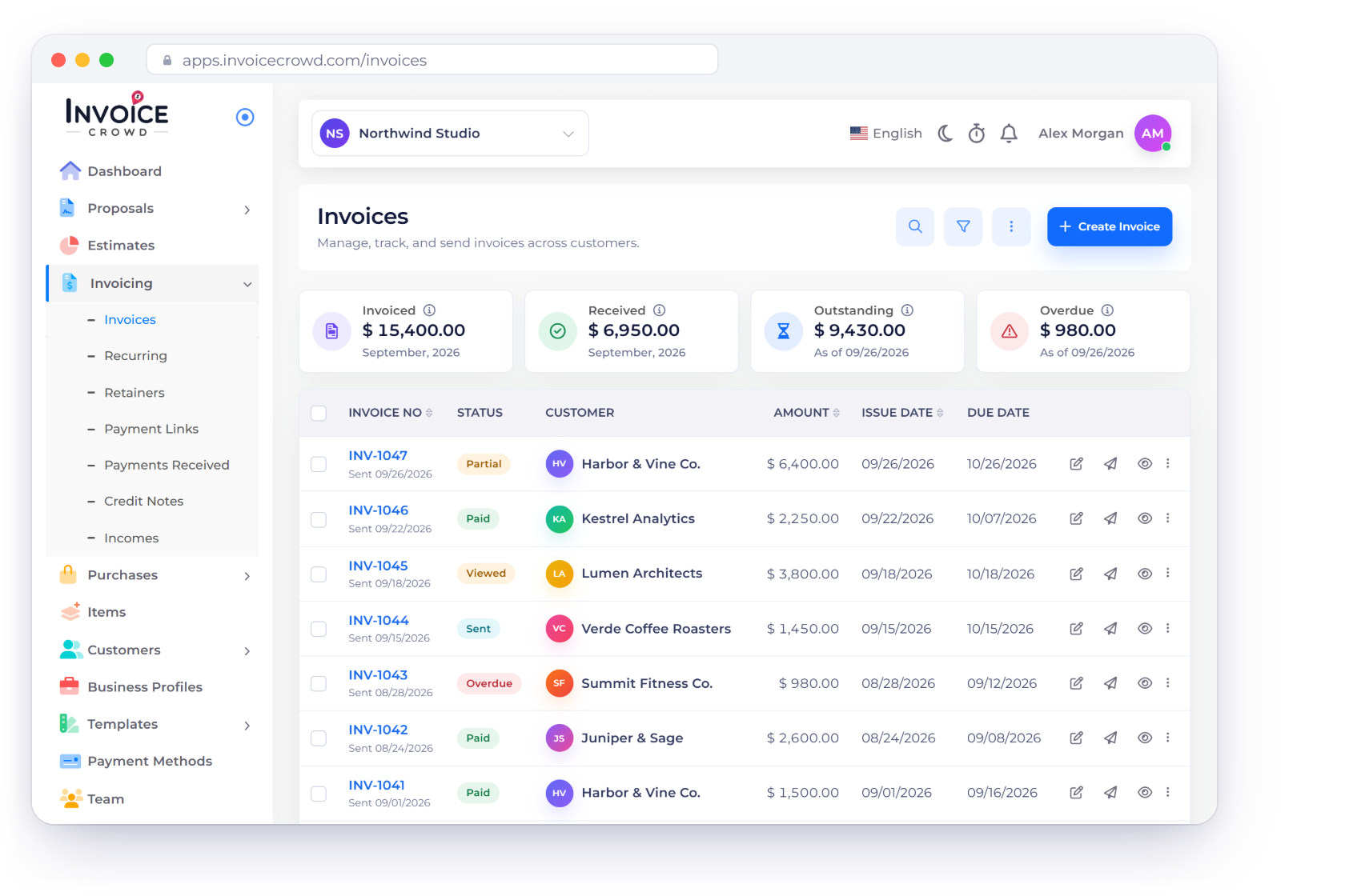 Invoice Crowd Invoices screen for a freelance designer with paid, partial, viewed, sent, overdue and draft invoices, an approved proposal notification, a deposit split and the year-to-date profit and loss