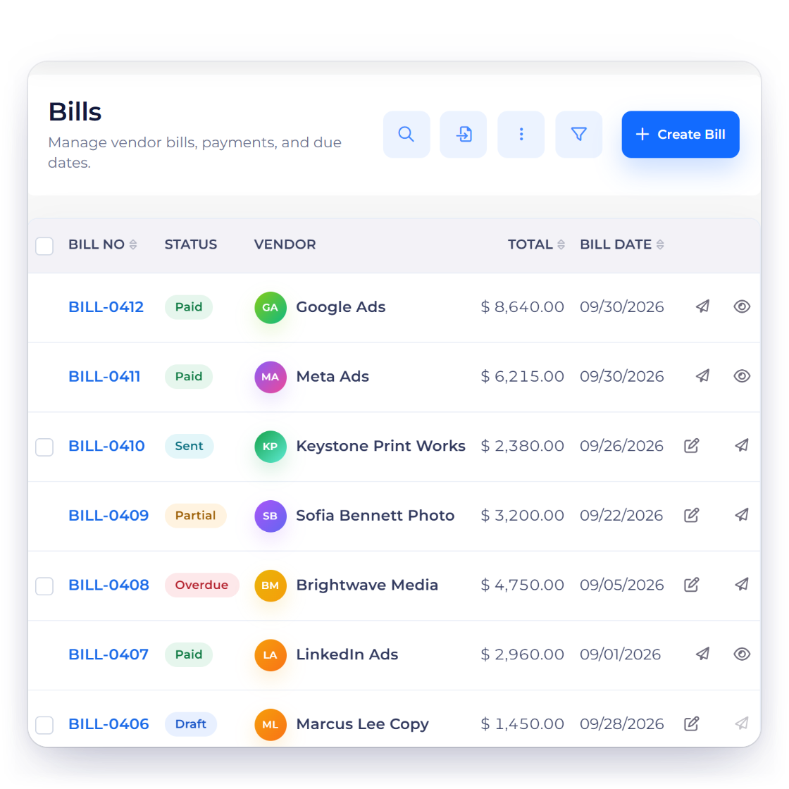 Invoice Crowd bills list with ad platform, printing, photography and freelance copywriting bills, an approved purchase order ready to convert to a bill and a payment made to a supplier