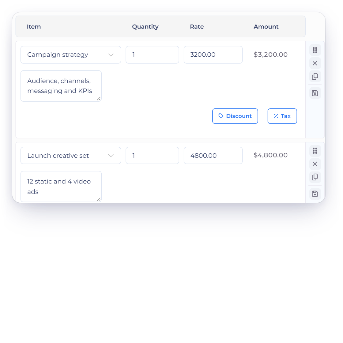 Invoice Crowd estimate editor with campaign line items, the estimate options that let the client remove lines and change quantities, and the client view where an optional line has been removed before approval