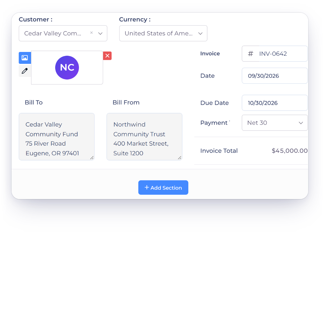 Invoice Crowd invoice to a grant funder with the grant installment and evaluation report lines, custom fields for the grant and program references, Net 30 payment terms and a credit note for a returned amount