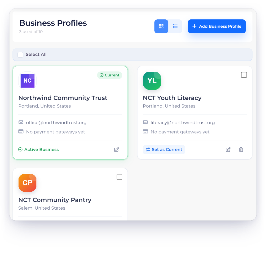 Invoice Crowd Business Profiles screen with a separate profile for each program of a non-profit, and the switcher that moves between their books under one login