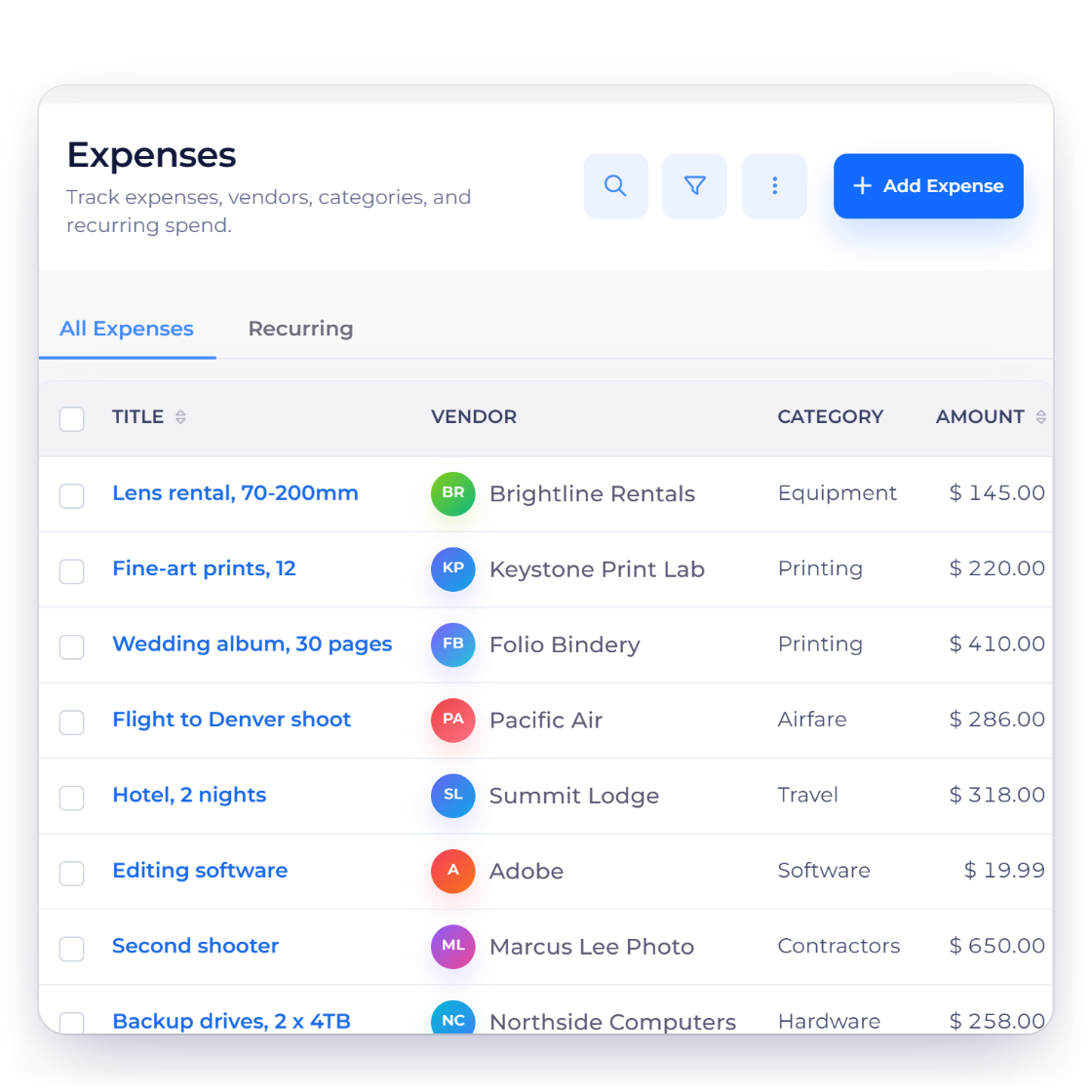 Invoice Crowd expenses list for a photographer with lens rental, print, album, travel and second-shooter costs by vendor and category, and an expense with its receipt attached