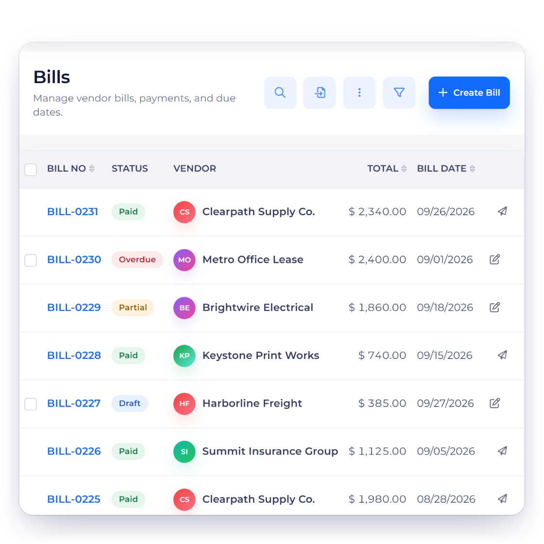 Invoice Crowd bills list with paid, overdue, partial and draft supplier bills, an approved purchase order ready to convert to a bill and a payment made against a bill