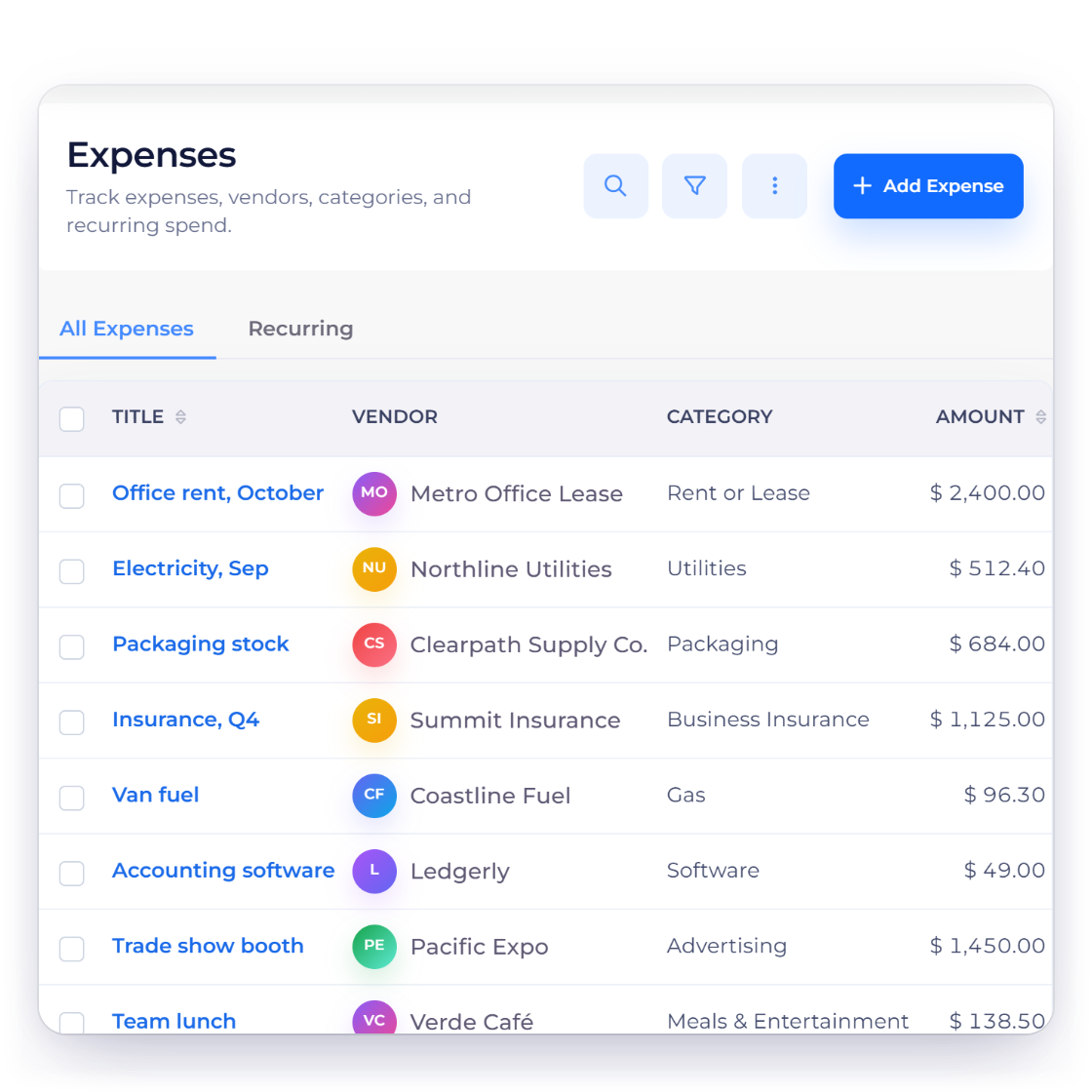Invoice Crowd expenses list for a small business with rent, utilities, packaging, insurance and advertising costs by category, a recurring monthly rent expense and an expense with its receipt attached