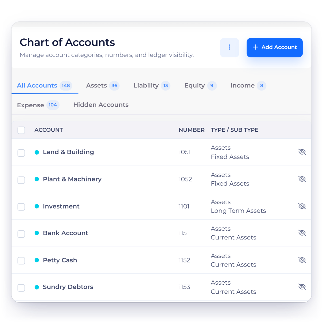 Invoice Crowd chart of accounts with numbered asset accounts, a manual journal with a debit and a credit line, and a bank reconciliation with matched statement lines