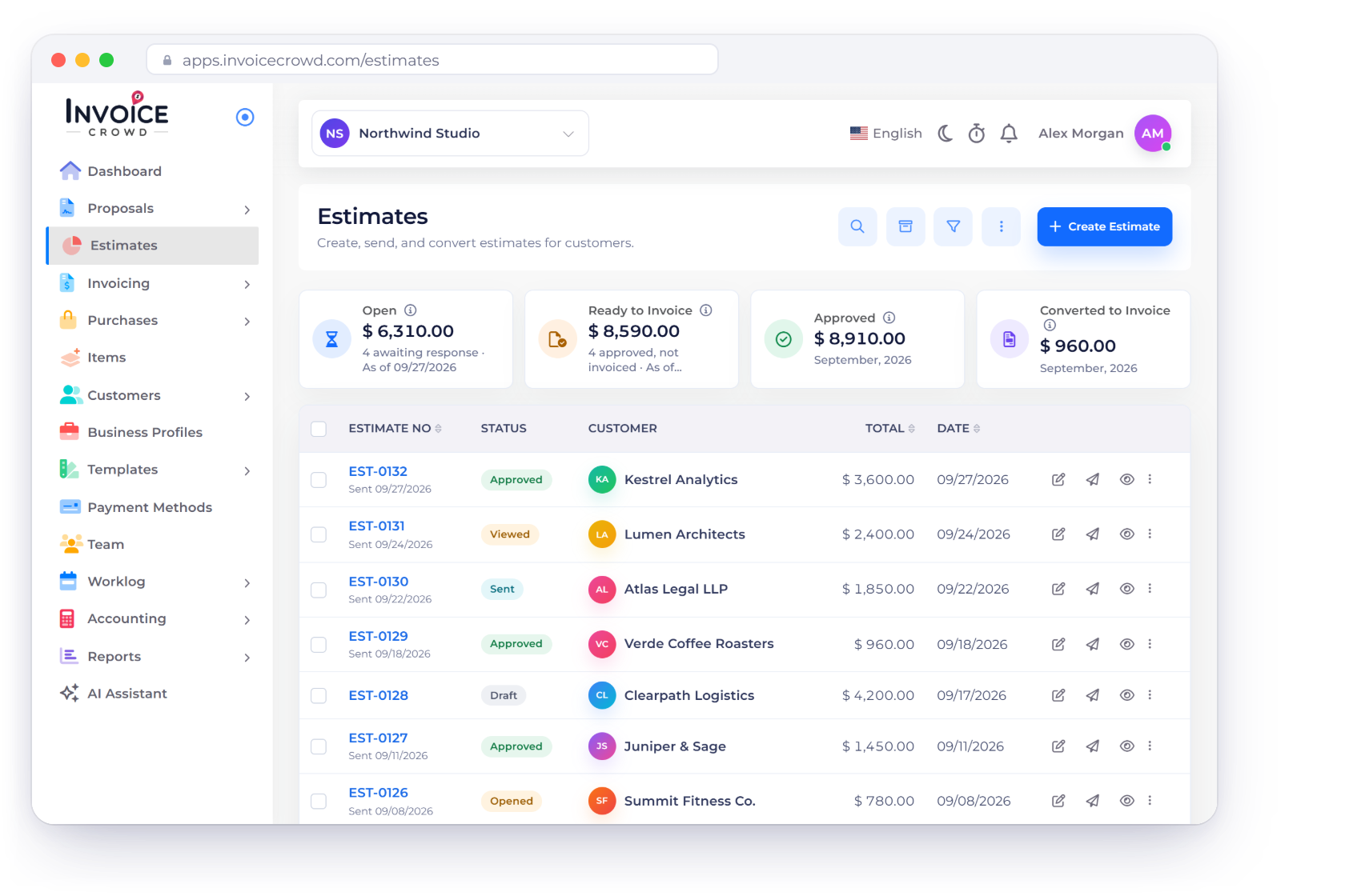 Invoice Crowd Estimates screen for a one-person business with approved, viewed, sent and draft estimates, an estimate approved notification, a business switcher with two brands and the profit and loss for the second brand