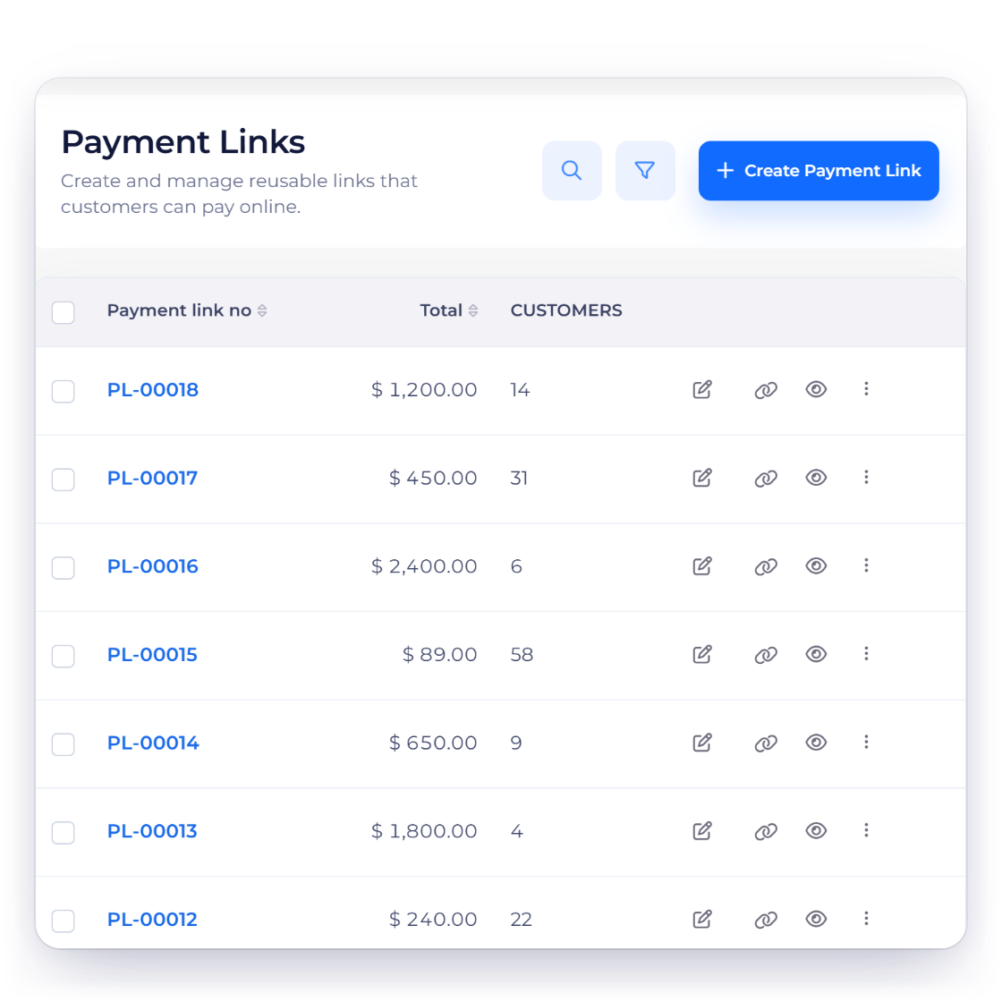 Invoice Crowd Payment Links list with fixed-price offers and how many customers bought each, a payment link ready to copy and share, and saved items found by a search