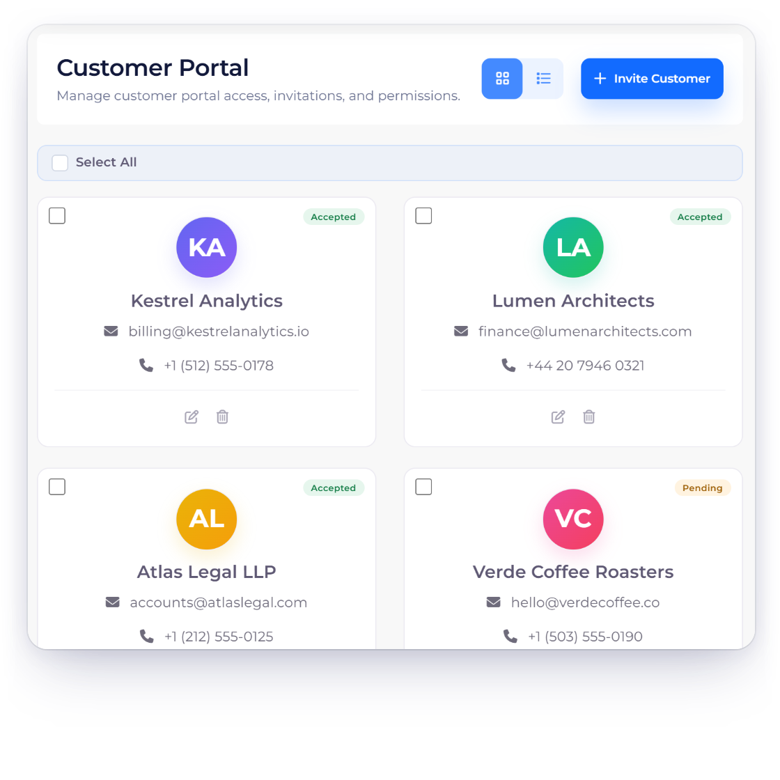 Invoice Crowd Customer Portal screen with invited clients and their access status, the totals a client sees when they sign in, and the documents their portal shows