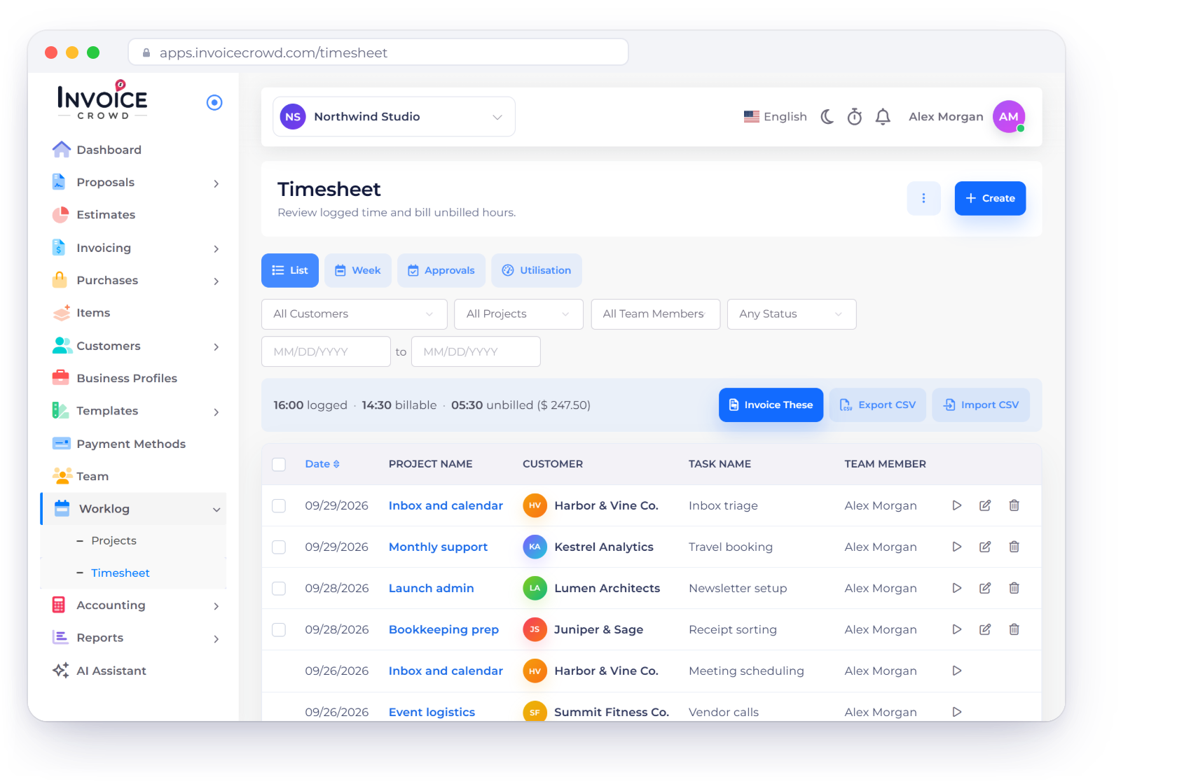 Invoice Crowd Timesheet for a virtual assistant business with client tasks, team members, time and billing status, a running timer, a monthly recurring invoice schedule and the unbilled hours for one client