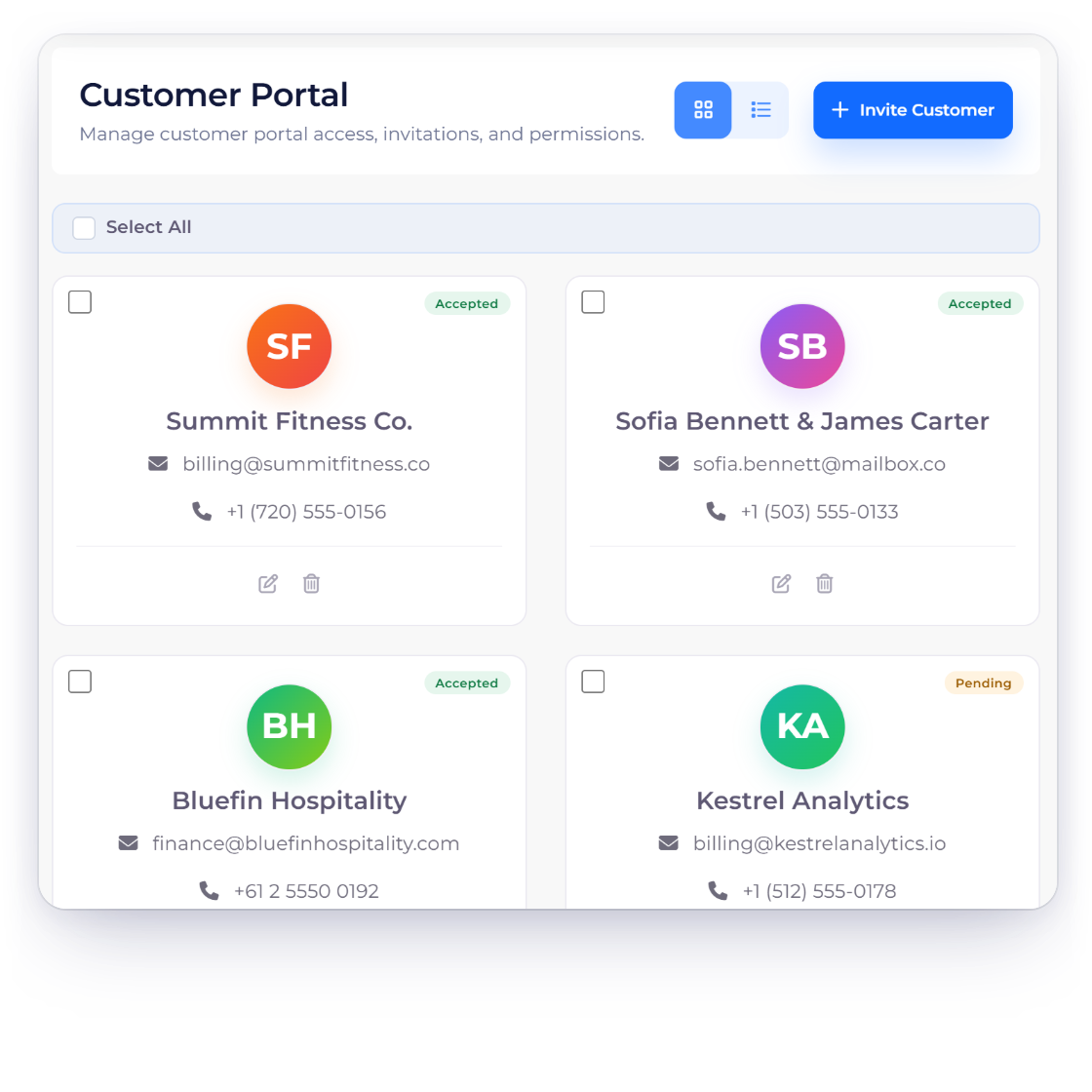 Invoice Crowd Customer Portal screen for a video production with invited clients, and the portal view where a client finds the approved estimate, the invoice with a payment still due and what they have paid