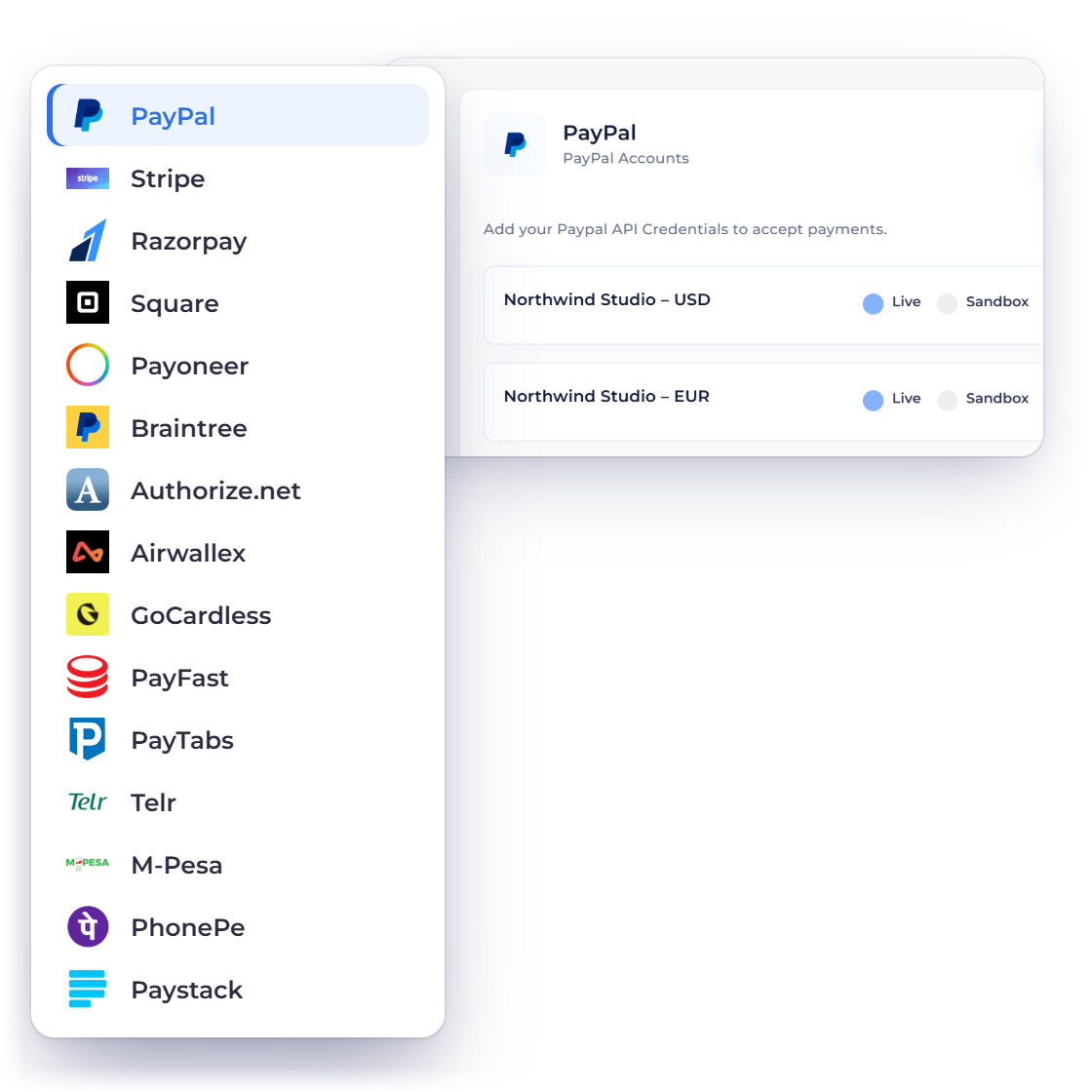 Invoice Crowd Payment Methods with all 15 payment gateways, from PayPal, Stripe and Square to M-Pesa, PhonePe and Paystack, the PayPal accounts panel, an invoice paid by card, and a payment received notice
