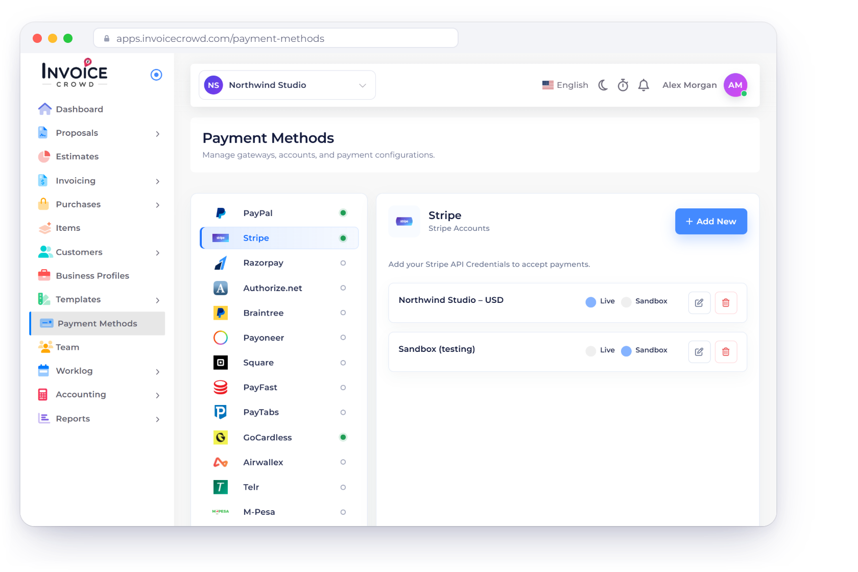 Invoice Crowd Payment Methods with Stripe selected and a Live Stripe account, the per-invoice Allow US Bank Payment (ACH) switch, and GoCardless direct debit as the second bank option.