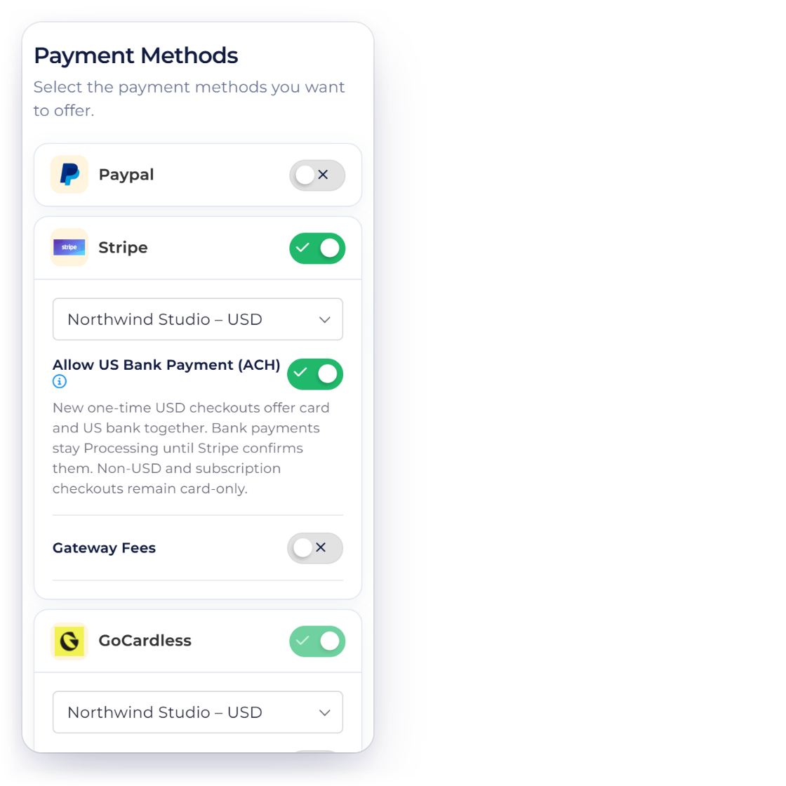 Invoice Crowd invoice editor Payment Methods panel with Stripe on, Allow US Bank Payment (ACH) switched on and GoCardless on, for a business connected to both providers.