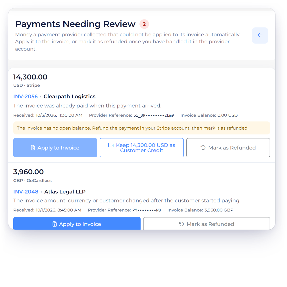 Invoice Crowd Payments Needing Review with a Stripe US bank payment and a GoCardless direct debit held for review, and the provider confirmation each needs before an invoice is marked paid.