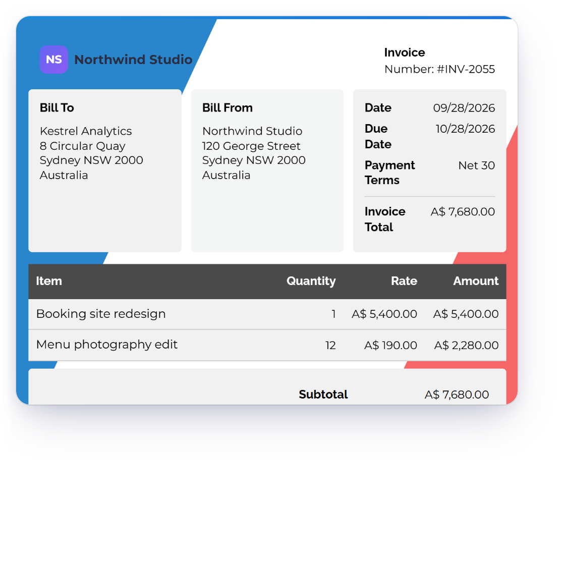 Invoice Crowd invoice INV-2055 for Kestrel Analytics in AUD, the customer's Select a Payment Method sheet with Pay Using Airwallex, and what Airwallex asks for next.