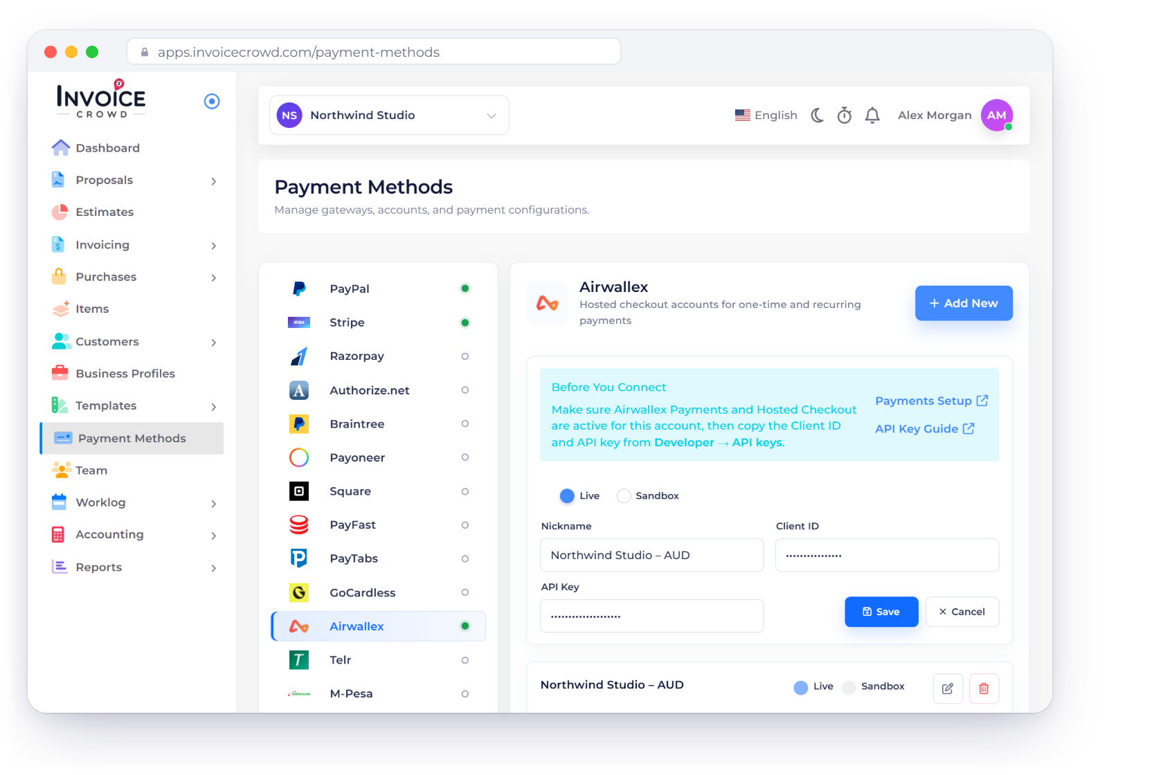 Invoice Crowd Payment Methods with Airwallex selected and a Airwallex account set to Live, a paid invoice recorded after Airwallex confirmed it, and the Refund window sending money back via Airwallex.