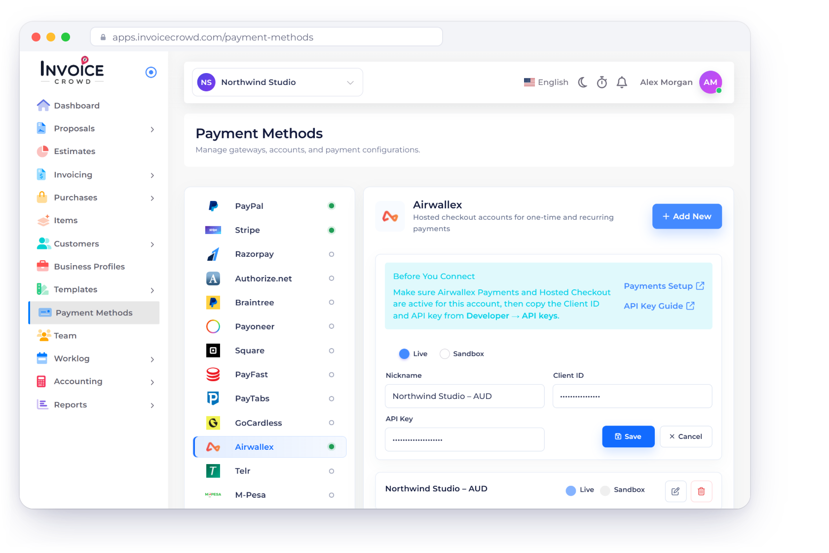 Invoice Crowd Payment Methods with Airwallex selected and a Airwallex account set to Live, a paid invoice recorded after Airwallex confirmed it, and the Refund window sending money back via Airwallex.