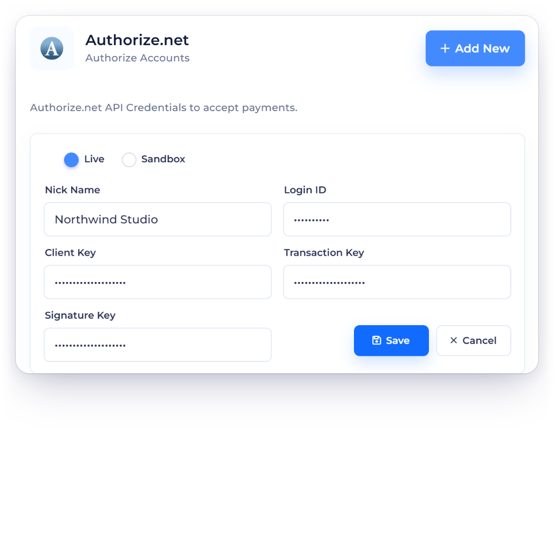 Invoice Crowd Authorize.net account form with Live and Sandbox modes and a fictional nickname, the business's Authorize.net accounts, and the Transaction Key kept write-only when editing.