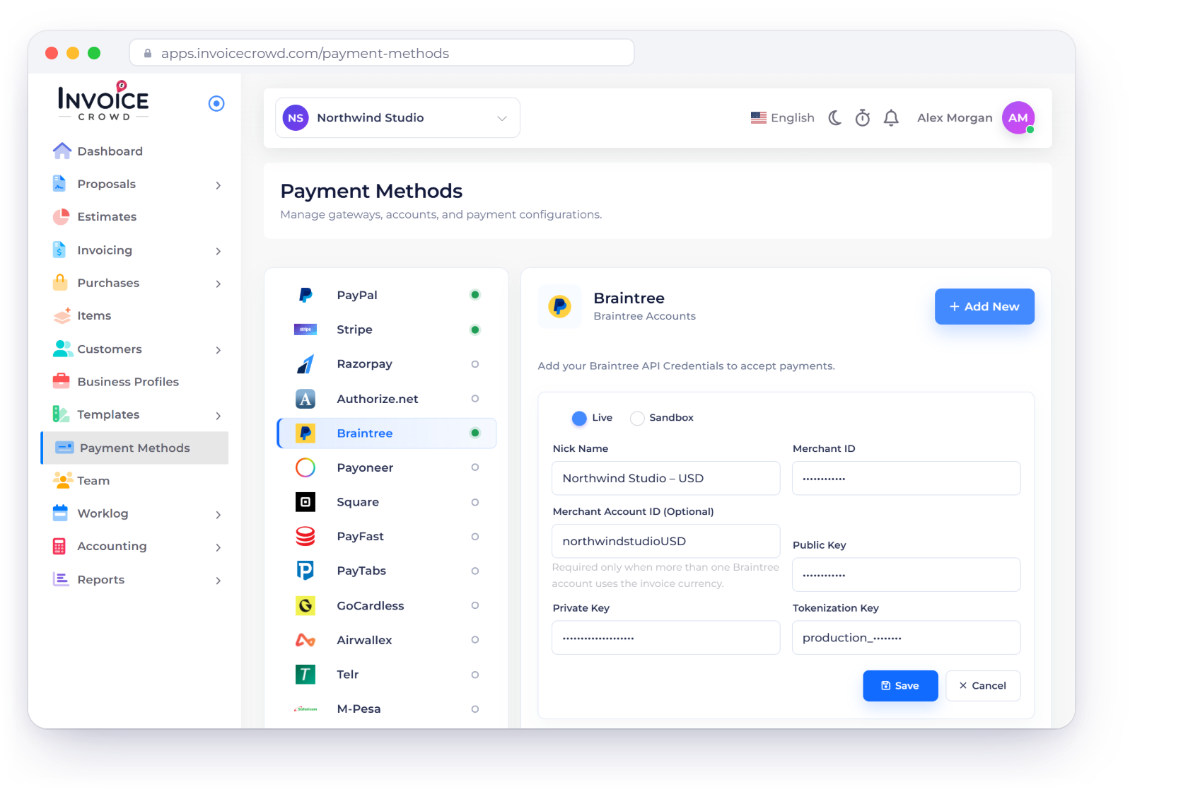 Invoice Crowd Payment Methods with Braintree selected and a Braintree account set to Live, a paid invoice recorded after Braintree confirmed it, and the Refund window sending money back via Braintree.