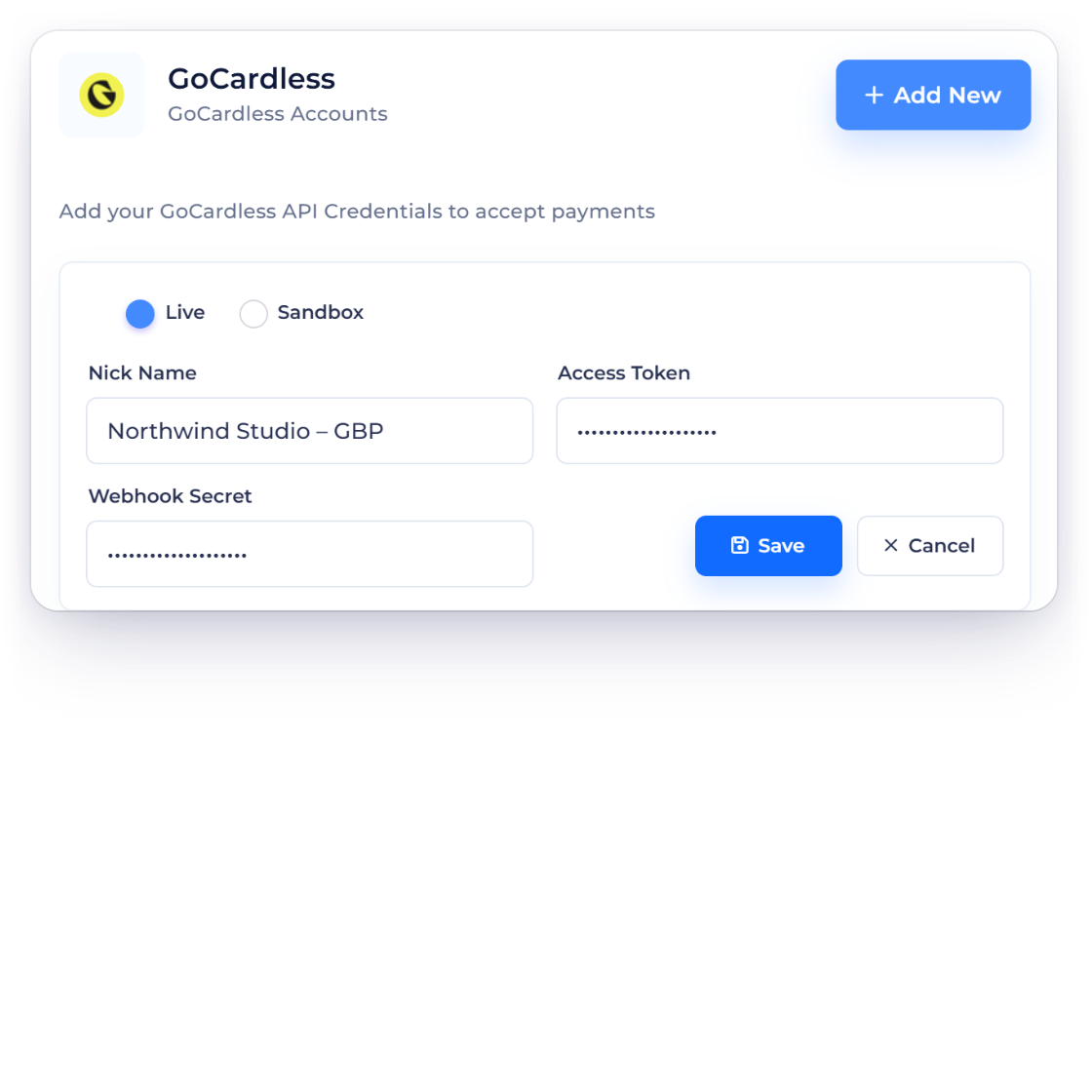 Invoice Crowd GoCardless account form with Live and Sandbox modes and a fictional nickname, the business's GoCardless accounts, and the Access Token kept write-only when editing.