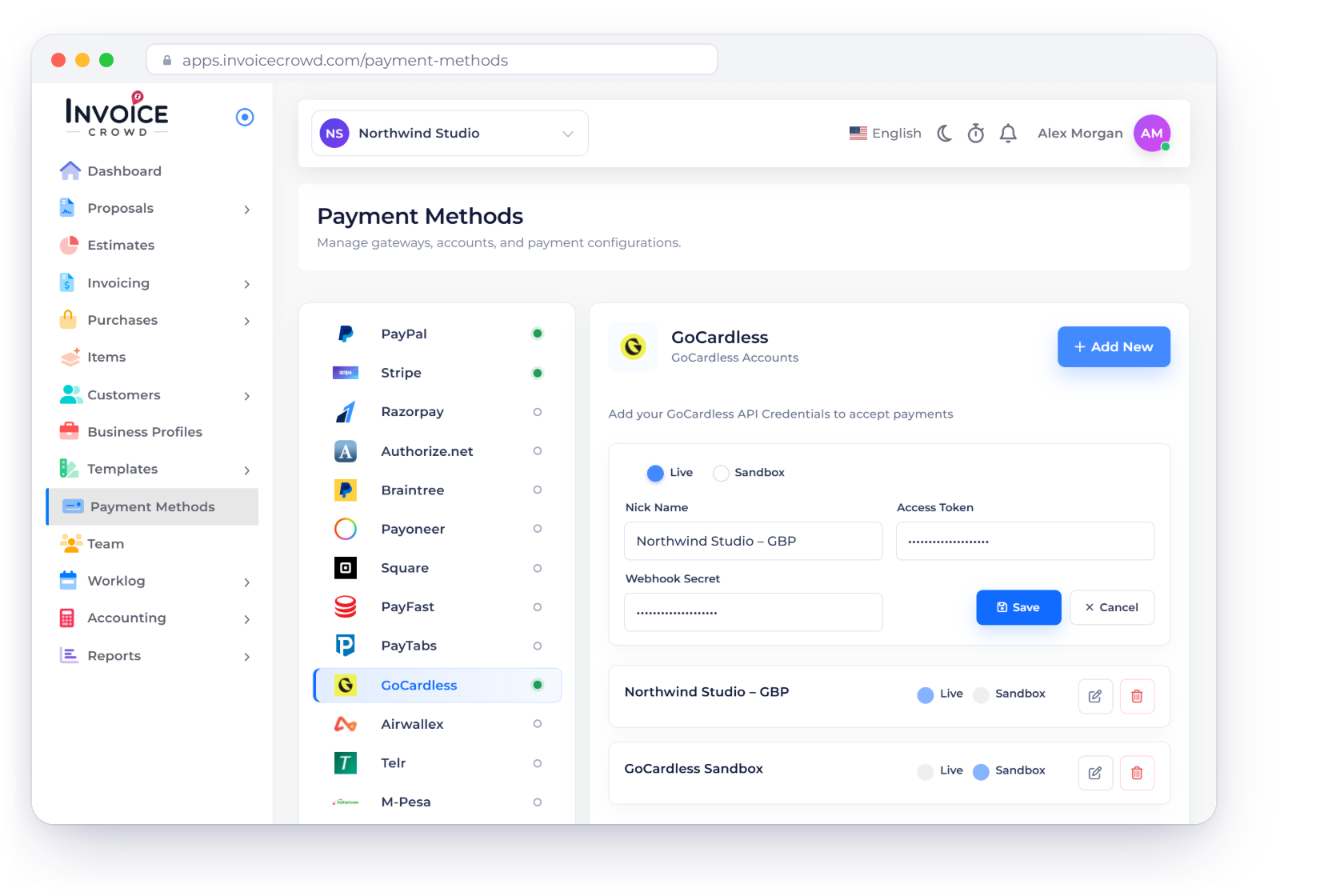 Invoice Crowd Payment Methods with GoCardless selected and a GoCardless account set to Live, a paid invoice recorded after GoCardless confirmed it, and the Refund window sending money back via GoCardless.