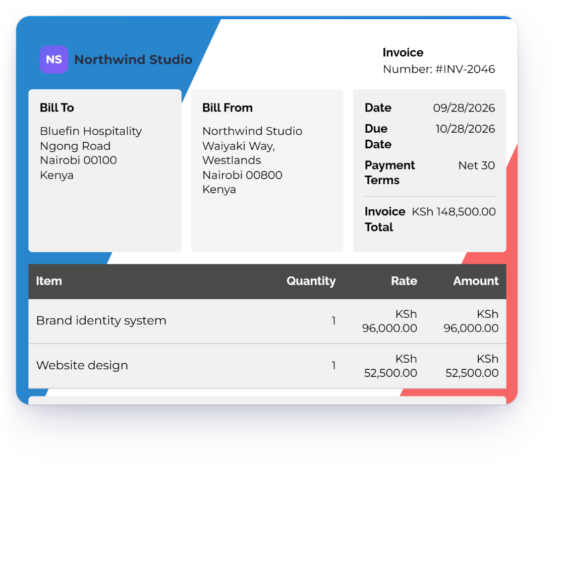 Invoice Crowd invoice INV-2046 for Bluefin Hospitality in KES, the customer's Select a Payment Method sheet with Pay Using M-Pesa, and what M-Pesa asks for next.