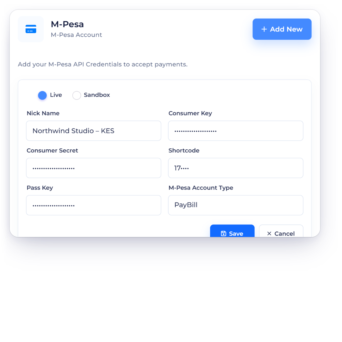 Invoice Crowd M-Pesa account form with Live and Sandbox modes and a fictional nickname, the business's M-Pesa accounts, and the Consumer Secret kept write-only when editing.