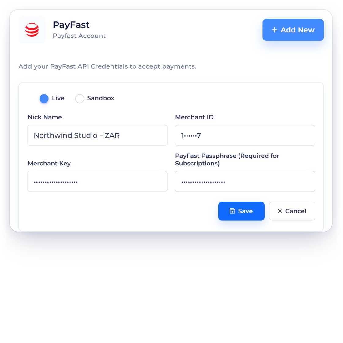 Invoice Crowd PayFast account form with Live and Sandbox modes and a fictional nickname, the business's PayFast accounts, and the Merchant Key kept write-only when editing.