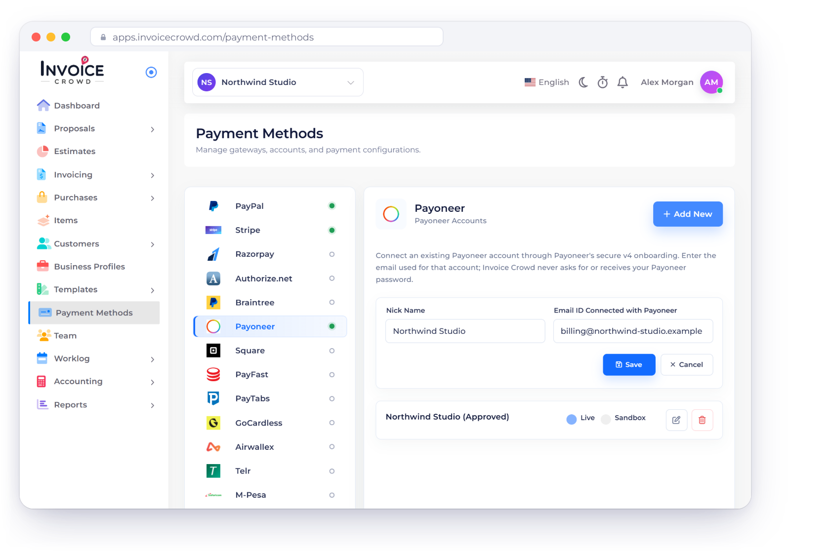 Invoice Crowd Payment Methods with Payoneer selected and a Payoneer account set to Live, a paid invoice recorded after Payoneer confirmed it, and the Refund window asking to refund in the Payoneer dashboard and record it.
