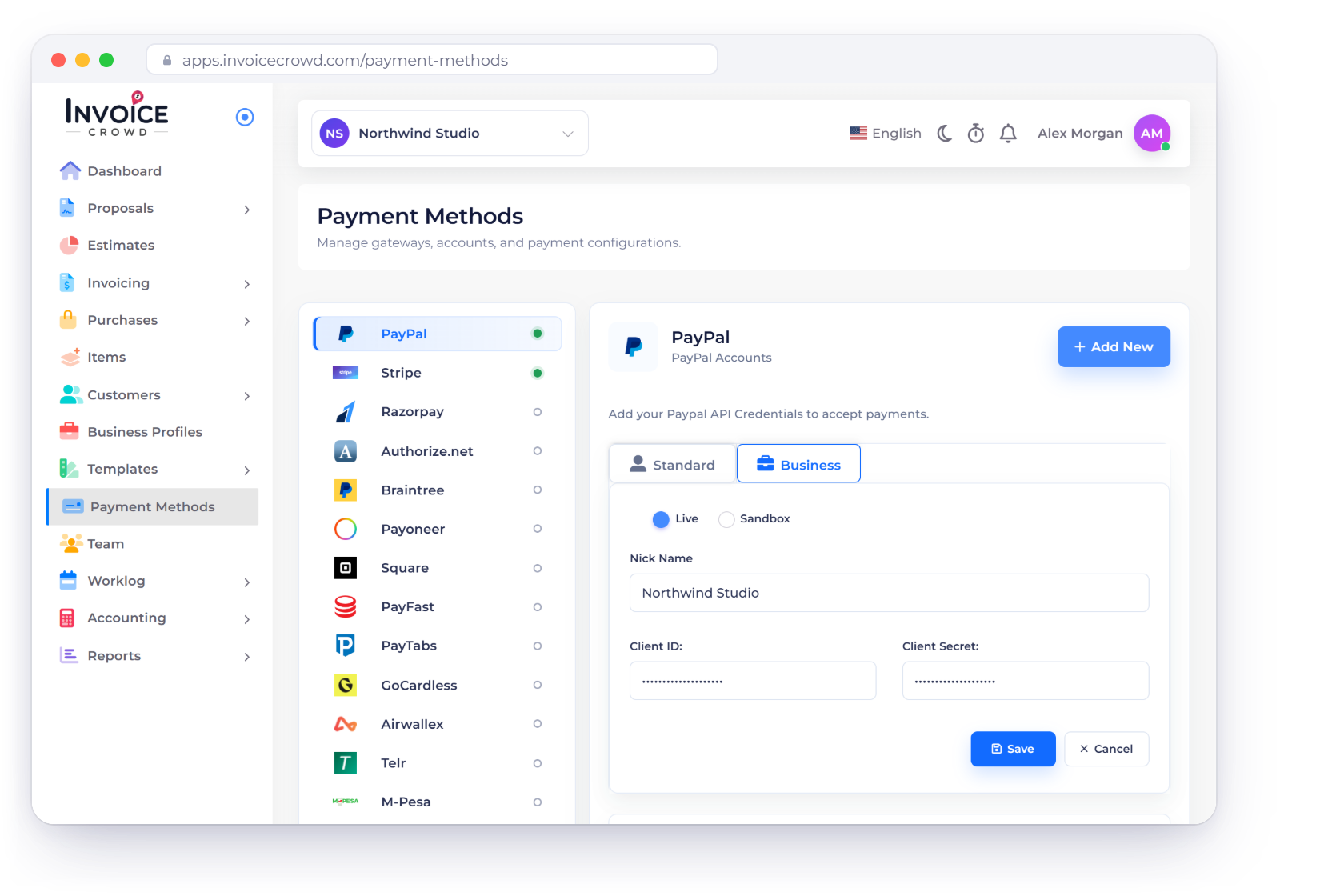 Invoice Crowd Payment Methods with PayPal selected and a PayPal account set to Live, a paid invoice recorded after PayPal confirmed it, and the Refund window sending money back via PayPal.