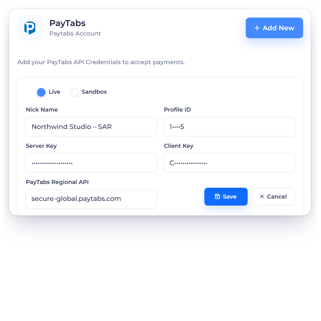 Invoice Crowd PayTabs account form with Live and Sandbox modes and a fictional nickname, the business's PayTabs accounts, and the Server Key kept write-only when editing.