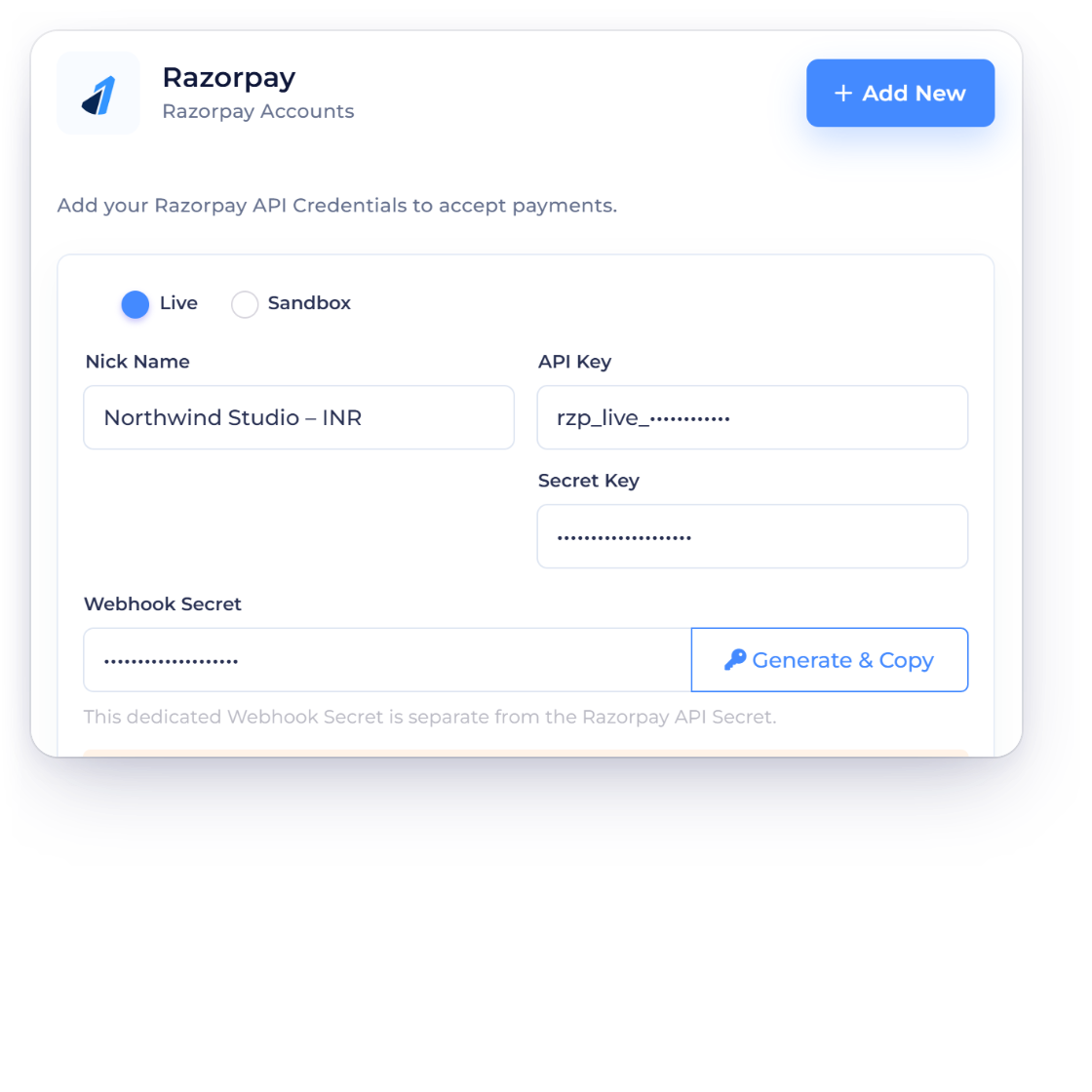 Invoice Crowd Razorpay account form with Live and Sandbox modes and a fictional nickname, the business's Razorpay accounts, and the API Secret kept write-only when editing.