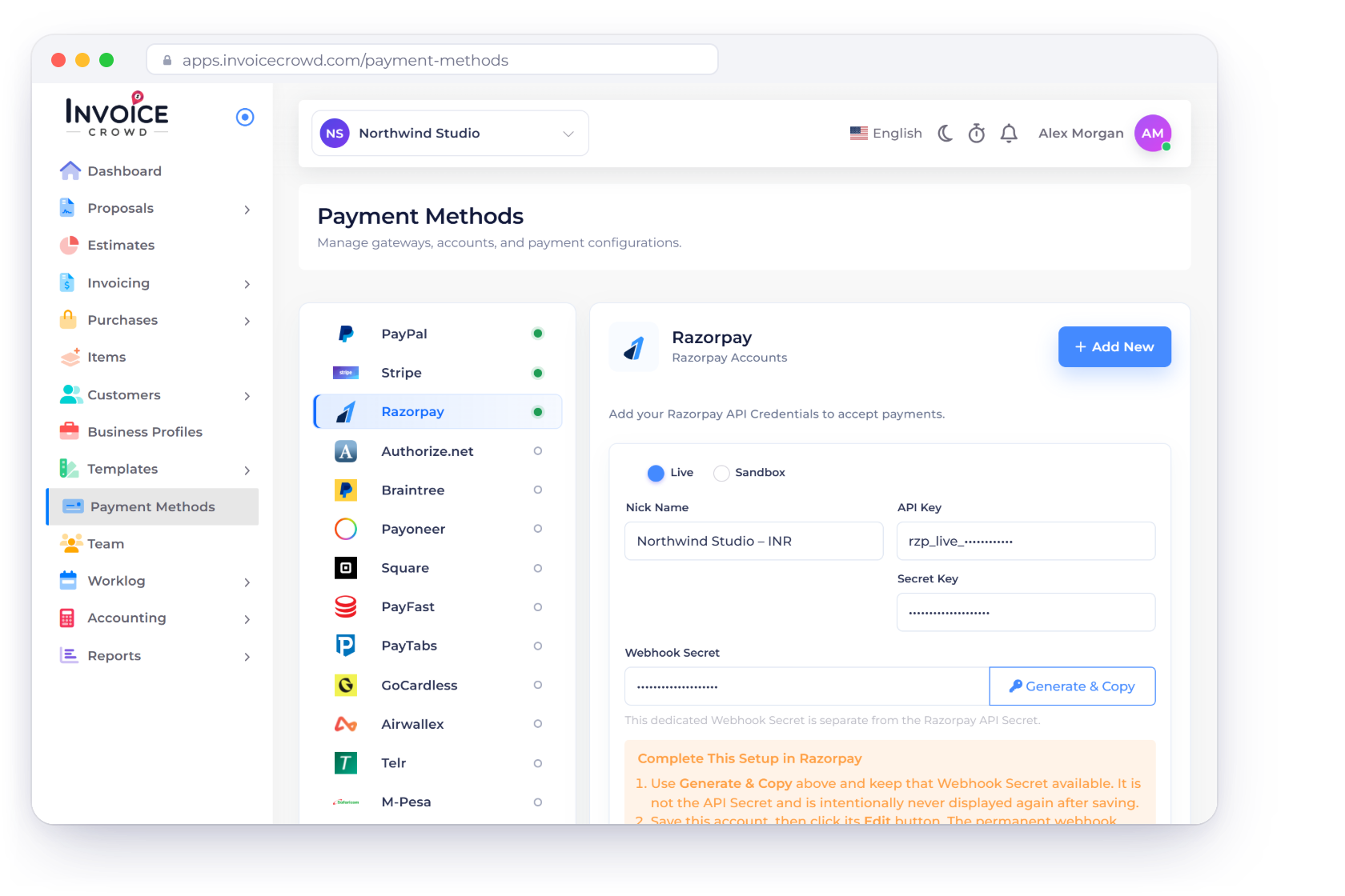 Invoice Crowd Payment Methods with Razorpay selected and a Razorpay account set to Live, a paid invoice recorded after Razorpay confirmed it, and the Refund window sending money back via Razorpay.