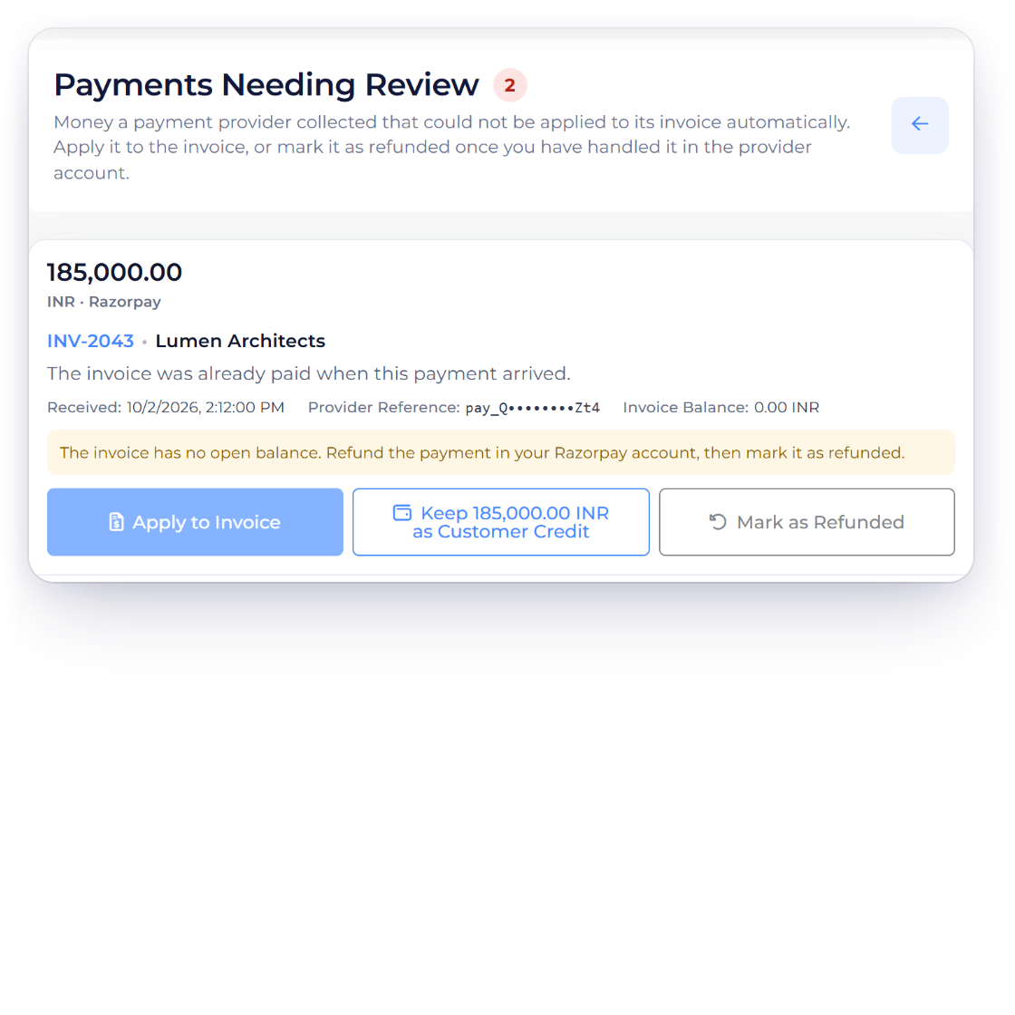 Invoice Crowd Payments Needing Review holding a Razorpay payment for INV-2043 that arrived after the invoice was paid, with the checks Razorpay payments must pass before they are recorded.