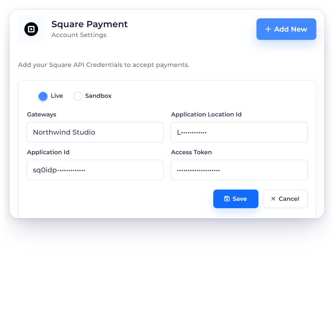 Invoice Crowd Square account form with Live and Sandbox modes and a fictional nickname, the business's Square accounts, and the Access Token kept write-only when editing.