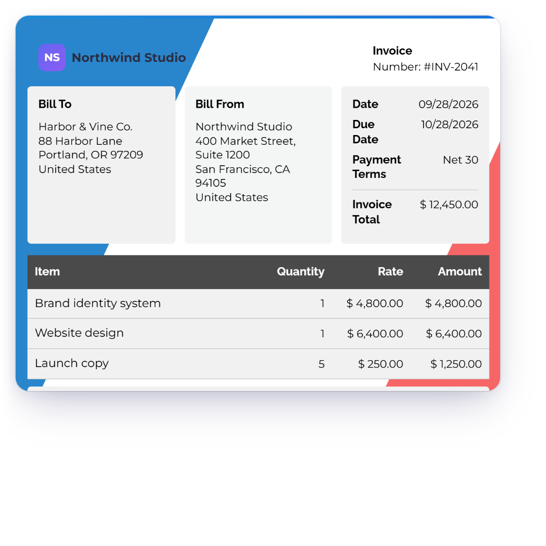 Invoice Crowd invoice INV-2041 for Harbor & Vine Co. in USD, the customer's Select a Payment Method sheet with Pay Using Stripe, and what Stripe asks for next.