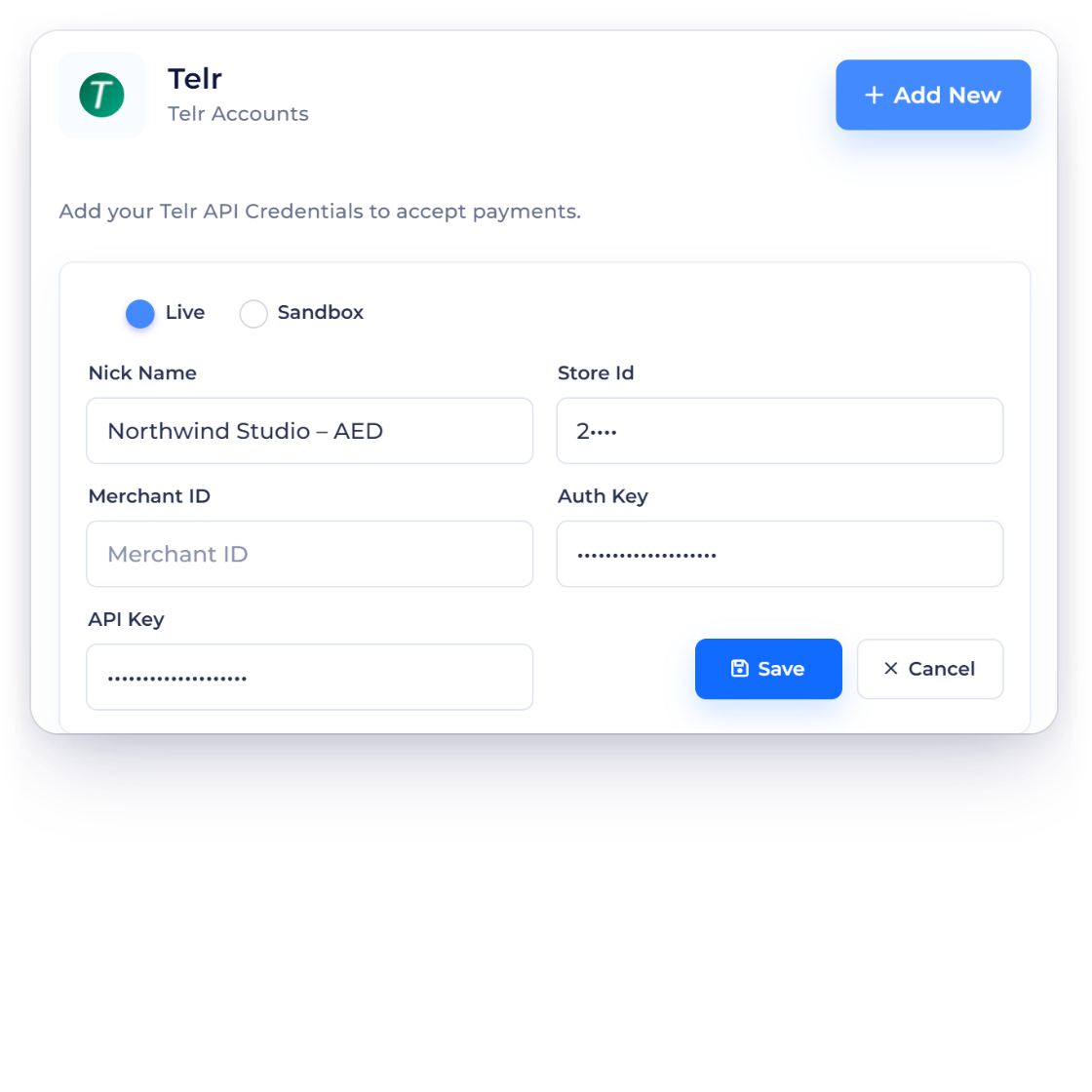 Invoice Crowd Telr account form with Live and Sandbox modes and a fictional nickname, the business's Telr accounts, and the Auth Key kept write-only when editing.