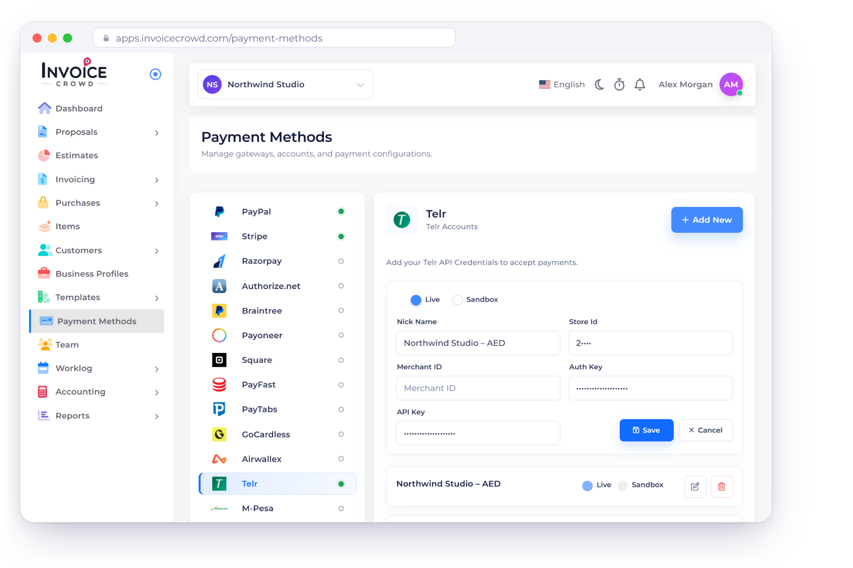 Invoice Crowd Payment Methods with Telr selected and a Telr account set to Live, a paid invoice recorded after Telr confirmed it, and the Refund window asking to refund in the Telr dashboard and record it.
